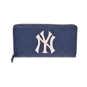 Gucci Guccissima Zip Around Long Wallet NY Yankees Navy Blue Leather